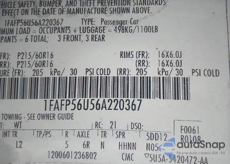 2006 Ford Taurus Sel from USA, damaged, VIN 1FAFP56U56A220367